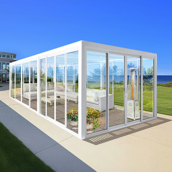 Cielos™ Louvered Roof Glass Pergola Outdoor Metal Gazebo Cabana Structure – White 20×10 ft