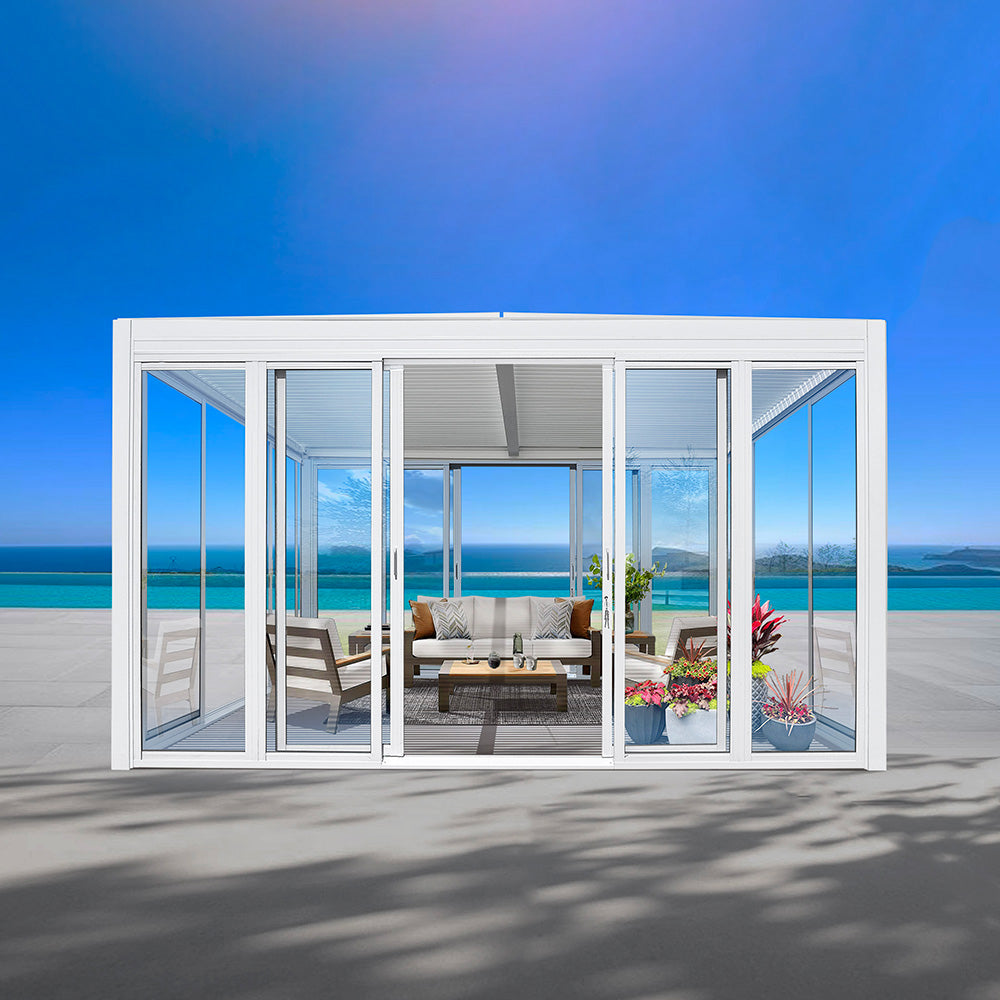 Cielos™ Louvered Roof Glass Pergola Outdoor Metal Gazebo Cabana Structure – White 13' × 10' ft