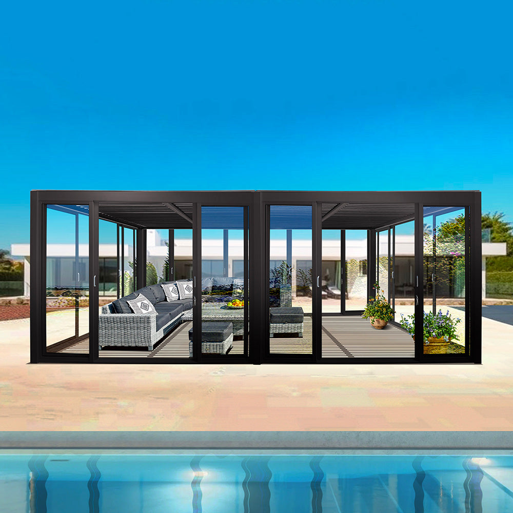 Cielos™ Louvered Roof Glass Pergola Outdoor Metal Gazebo Cabana Structure – Black 20×10 ft