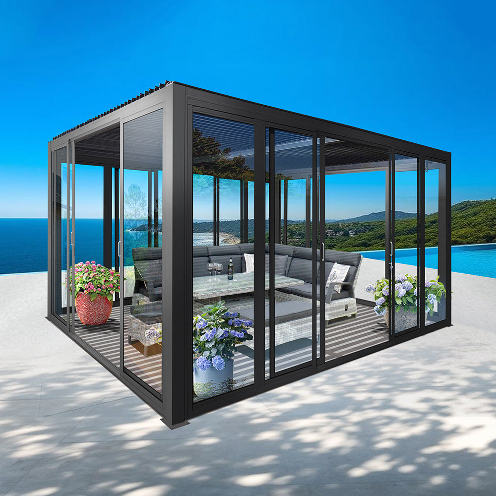 Cielos™ Louvered Roof Glass Pergola Outdoor Metal Gazebo Cabana Structure – Black 13' × 10' ft