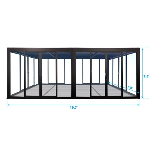 Cielos™ Louvered Roof Glass Pergola Outdoor Metal Gazebo Cabana Structure – Black 20×10 ft