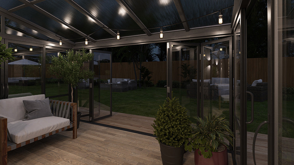 Brisas™ Bi-Fold Door Glass Sunroom &amp; Solarium (Black – 12 ft. Wide)