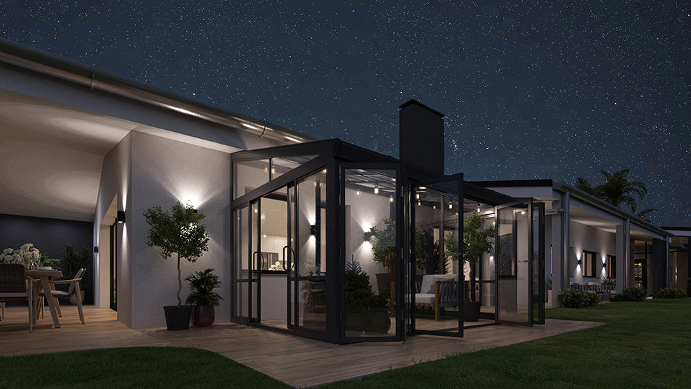 Brisas™ Bi-Fold Door Glass Sunroom &amp; Solarium (Black – 12 ft. Wide)