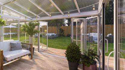 Brisas™ Bi-Fold Door Glass Sunroom &amp; Solarium (White – 12 ft. Wide)