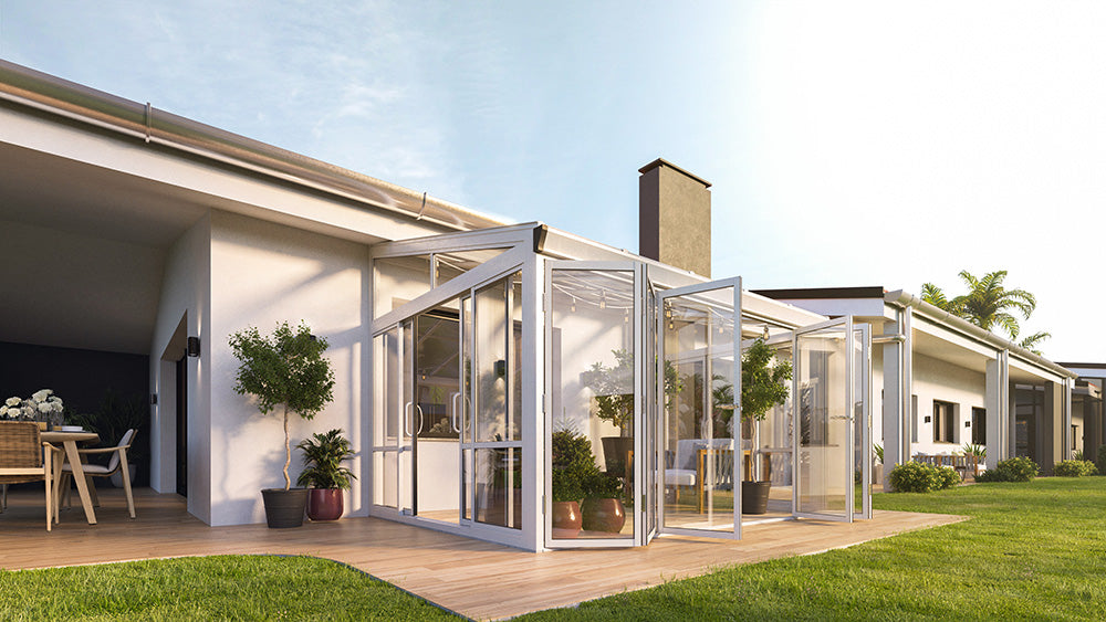 Brisas™ Bi-Fold Door Glass Sunroom &amp; Solarium (White – 12 ft. Wide)