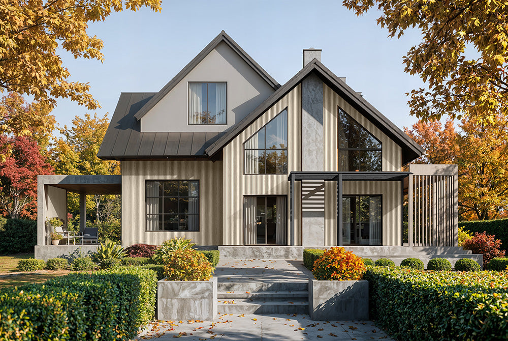 Glacier Oak With Black Accents – All-Weather Composite Slat Panel System for Outdoor Siding – 4-Strip Panel with 1.5" Slats