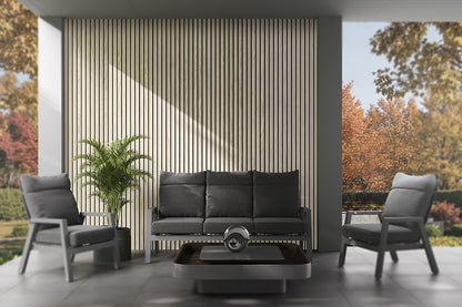 Glacier Oak With Black Accents – All-Weather Composite Slat Panel System for Outdoor Siding – 4-Strip Panel with 1.5" Slats