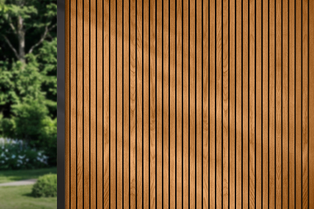 Honey Oak With Black Accents – All-Weather Composite Slat Panel System for Outdoor Siding – 4-Strip Panel with 1.5" Slats