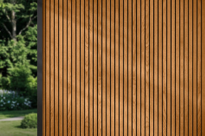 Honey Oak With Black Accents – All-Weather Composite Slat Panel System for Outdoor Siding – 4-Strip Panel with 1.5" Slats