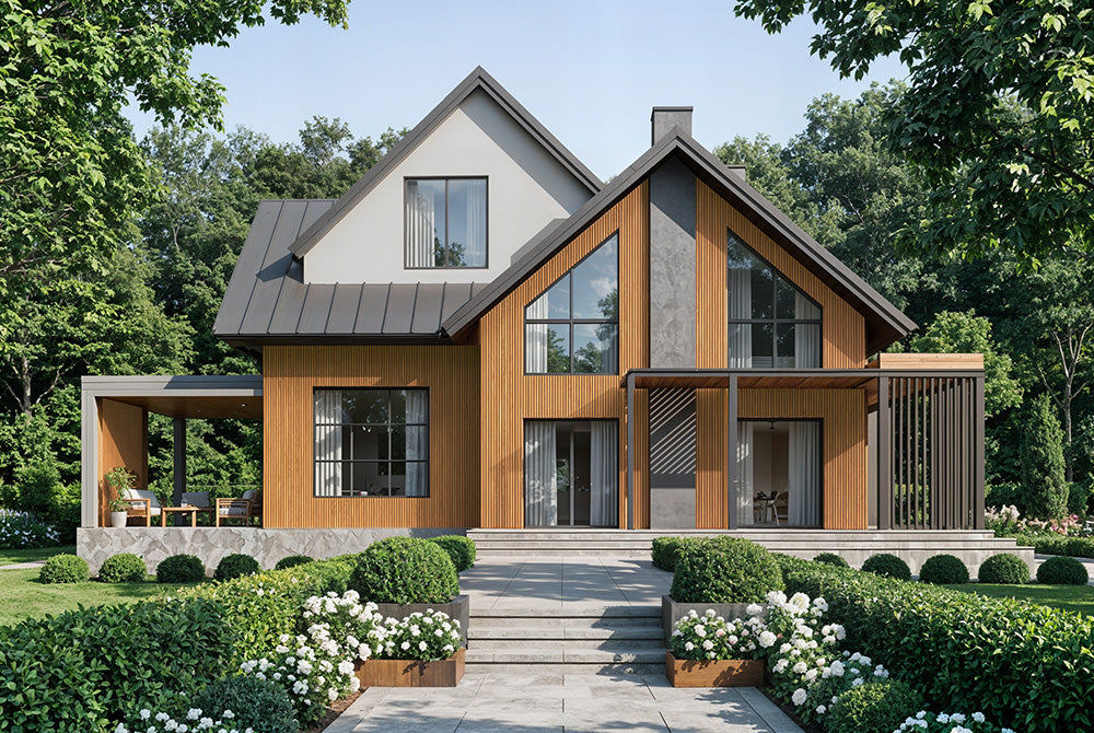 Honey Oak With Black Accents – All-Weather Composite Slat Panel System for Outdoor Siding – 4-Strip Panel with 1.5" Slats