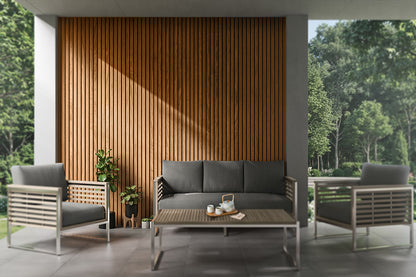 Honey Oak With Black Accents – All-Weather Composite Slat Panel System for Outdoor Siding – 4-Strip Panel with 1.5" Slats