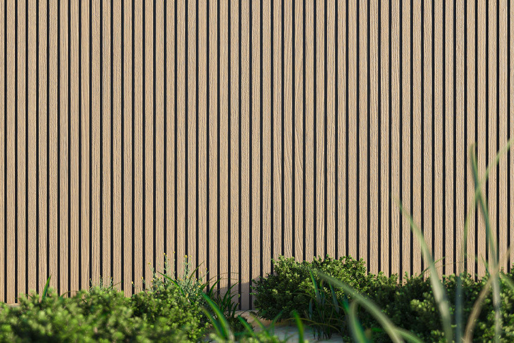 Maple Exterior Slat Wall Paneling With Black Accents and Embossed Wood-Effect Composite Siding