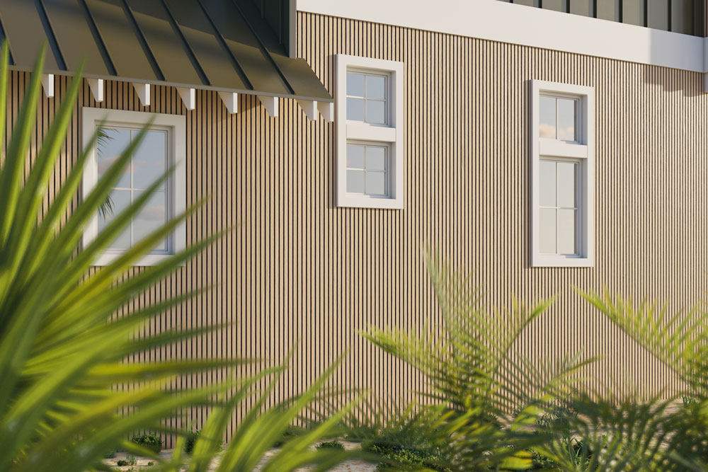 Maple Exterior Slat Wall Paneling With Black Accents and Embossed Wood-Effect Composite Siding