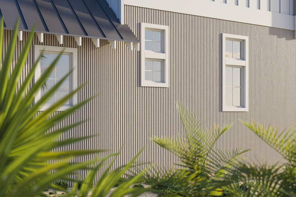 Seaside Oak Exterior Slat Wall Paneling With Black Accents and Embossed Wood-Effect Composite Siding