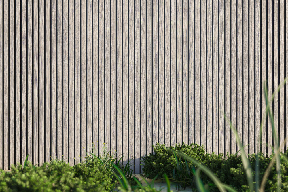 Seaside Oak Exterior Slat Wall Paneling With Black Accents and Embossed Wood-Effect Composite Siding