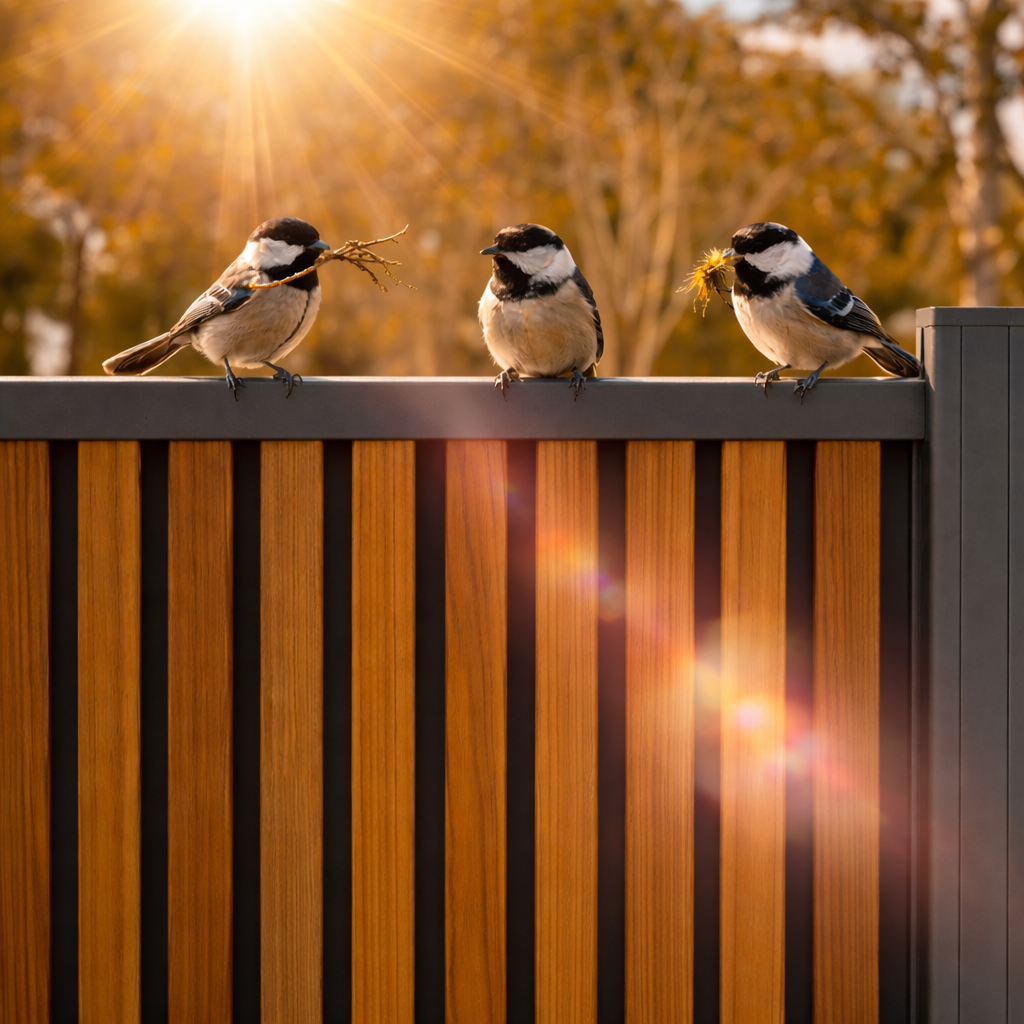 Composite Fence Panels in Weathered Teak With Black Accents With Birds Sittin on the Fence Line