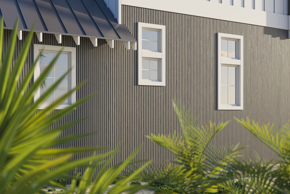 Stone Gray Exterior Slat Wall Paneling With Black Accents and Embossed Wood-Effect Composite Siding