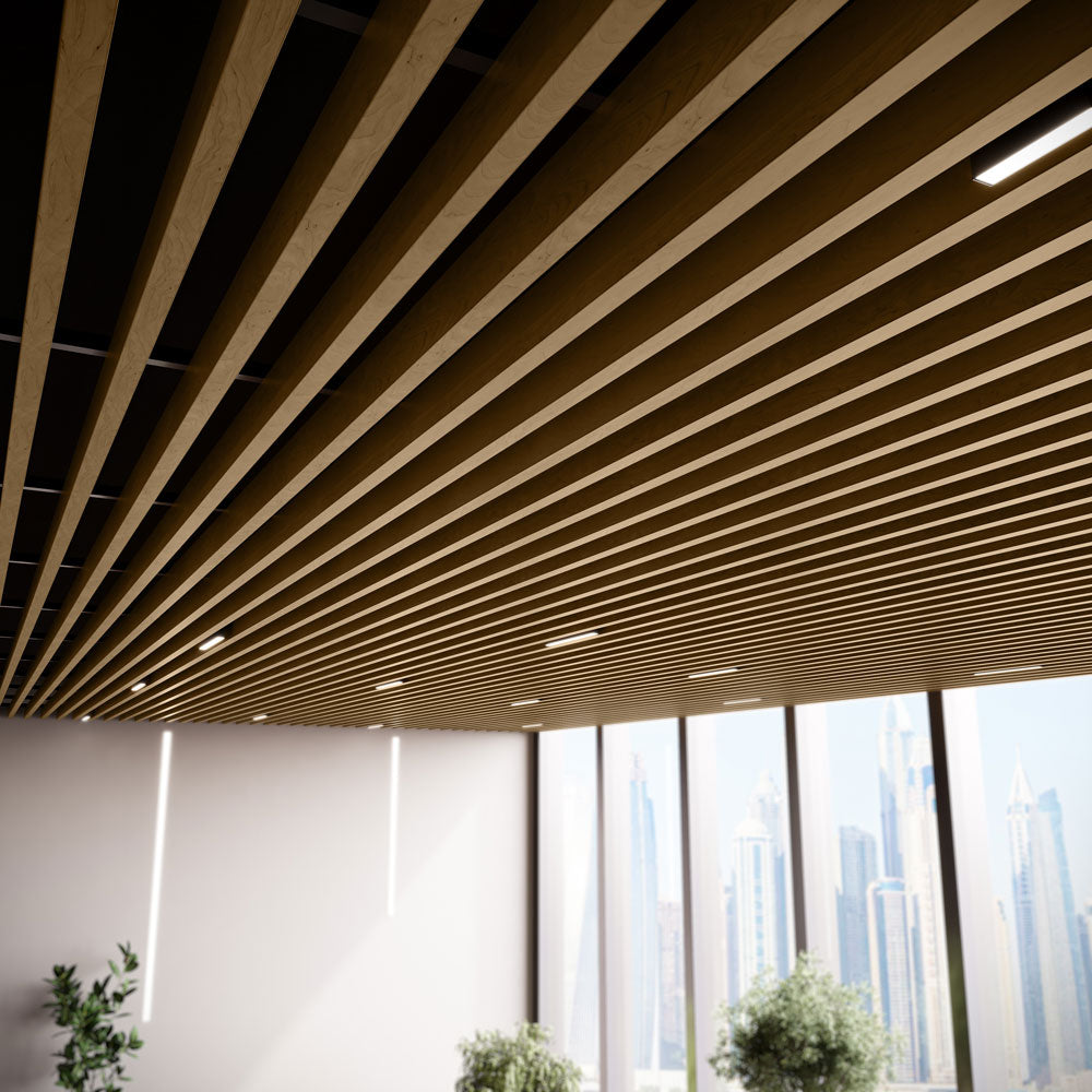 Suspended Slatted Wood Acoustic Drop Ceiling System - Medium Oak