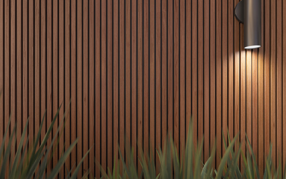 Weathered Teak With Black Accents Exterior Slat Wall Paneling, Cladding, Siding for Outdoors