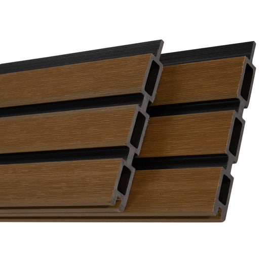 All-Weather WPC Composite Fence Slat Panel System - Weathered Teak With Black Accents