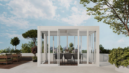 Cielos™ Louvered Roof Glass Pergola Outdoor Metal Gazebo Cabana Structure – White 13' × 10' ft