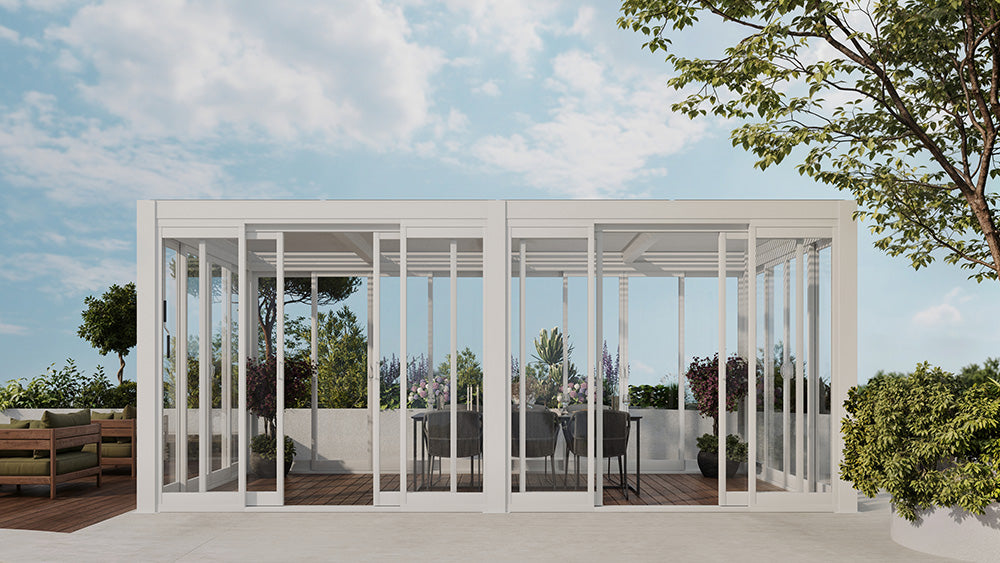 Cielos™ Louvered Roof Glass Pergola Outdoor Metal Gazebo Cabana Structure – White 20×10 ft