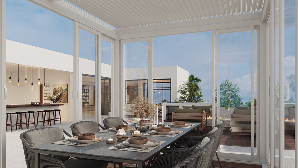 Cielos™ Louvered Roof Glass Pergola Outdoor Metal Gazebo Cabana Structure – White 13' × 10' ft