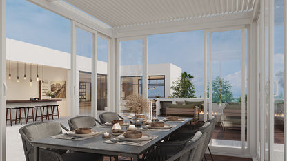 Cielos™ Louvered Roof Glass Pergola Outdoor Metal Gazebo Cabana Structure – White 13' × 10' ft