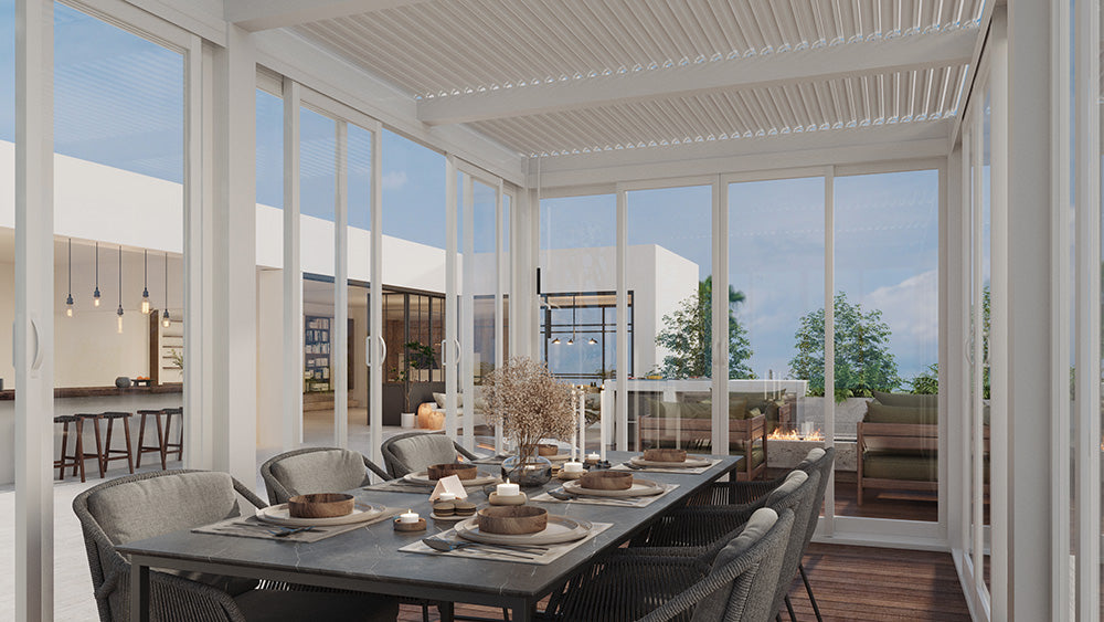 Cielos™ Louvered Roof Glass Pergola Outdoor Metal Gazebo Cabana Structure – White 20×10 ft