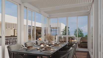 Cielos™ Louvered Roof Glass Pergola Outdoor Metal Gazebo Cabana Structure – White 20×10 ft