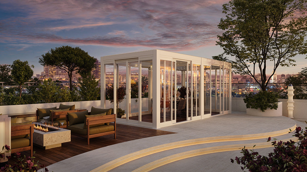 Cielos™ Louvered Roof Glass Pergola Outdoor Metal Gazebo Cabana Structure – White 20×10 ft