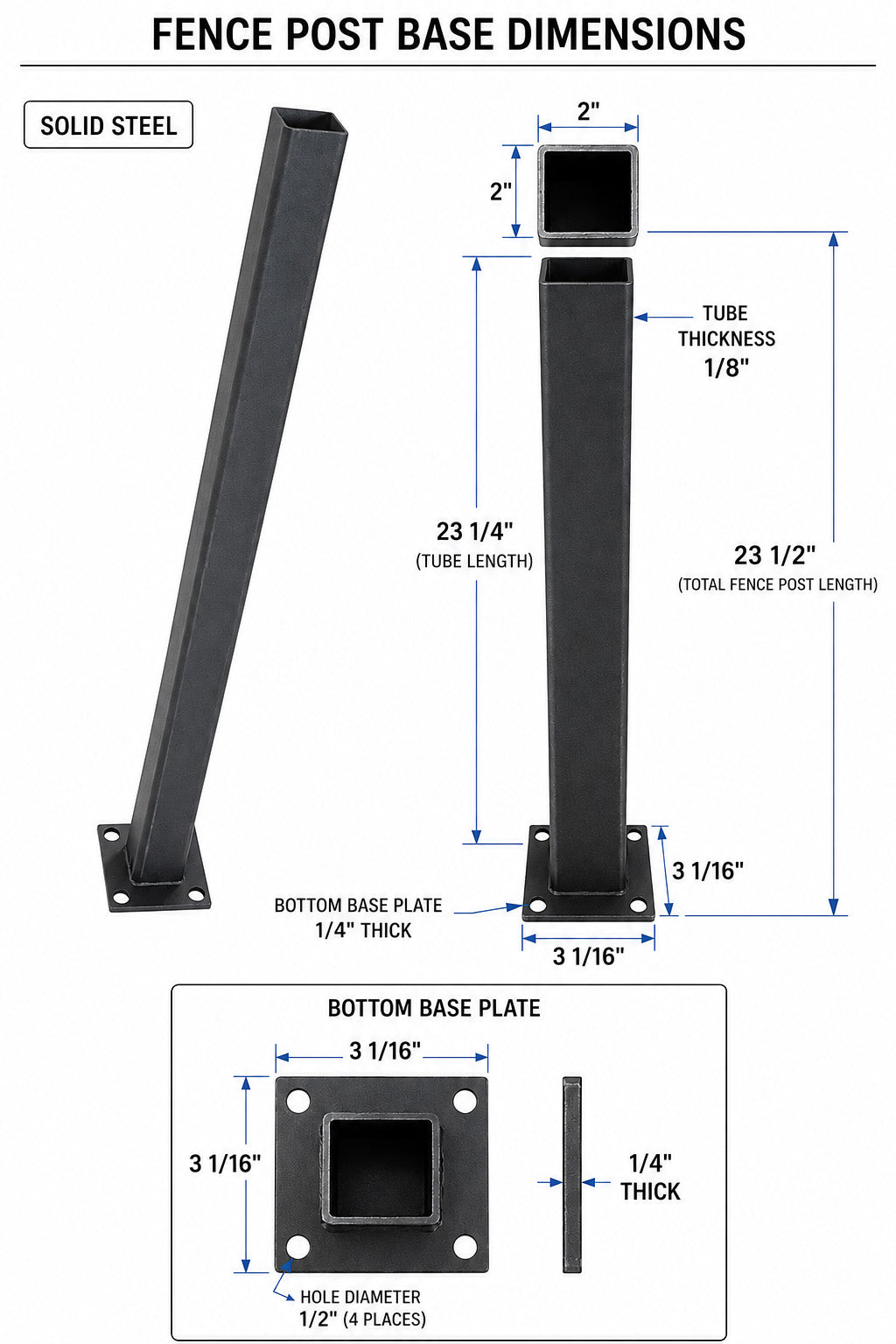 A dimension diagram for a solid steel fence post base, showing front and side views with measurements for tube length, base thickness, and bottom base plate dimensions on a white background.