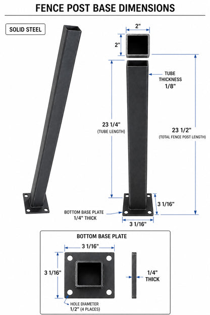 A dimension diagram for a solid steel fence post base, showing front and side views with measurements for tube length, base thickness, and bottom base plate dimensions on a white background.